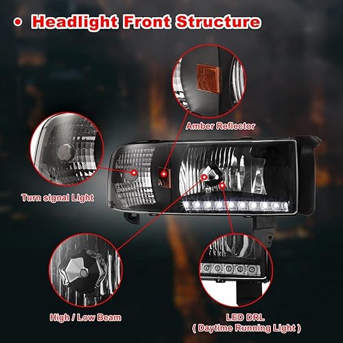 Miniatura 4 de Nixon Offroad Faros delanteros para Dodge Ram 1500 2500 3500 1994-2002, proyector LED DRL, luces direccionales de repuesto de haz alto y bajo, 1 par