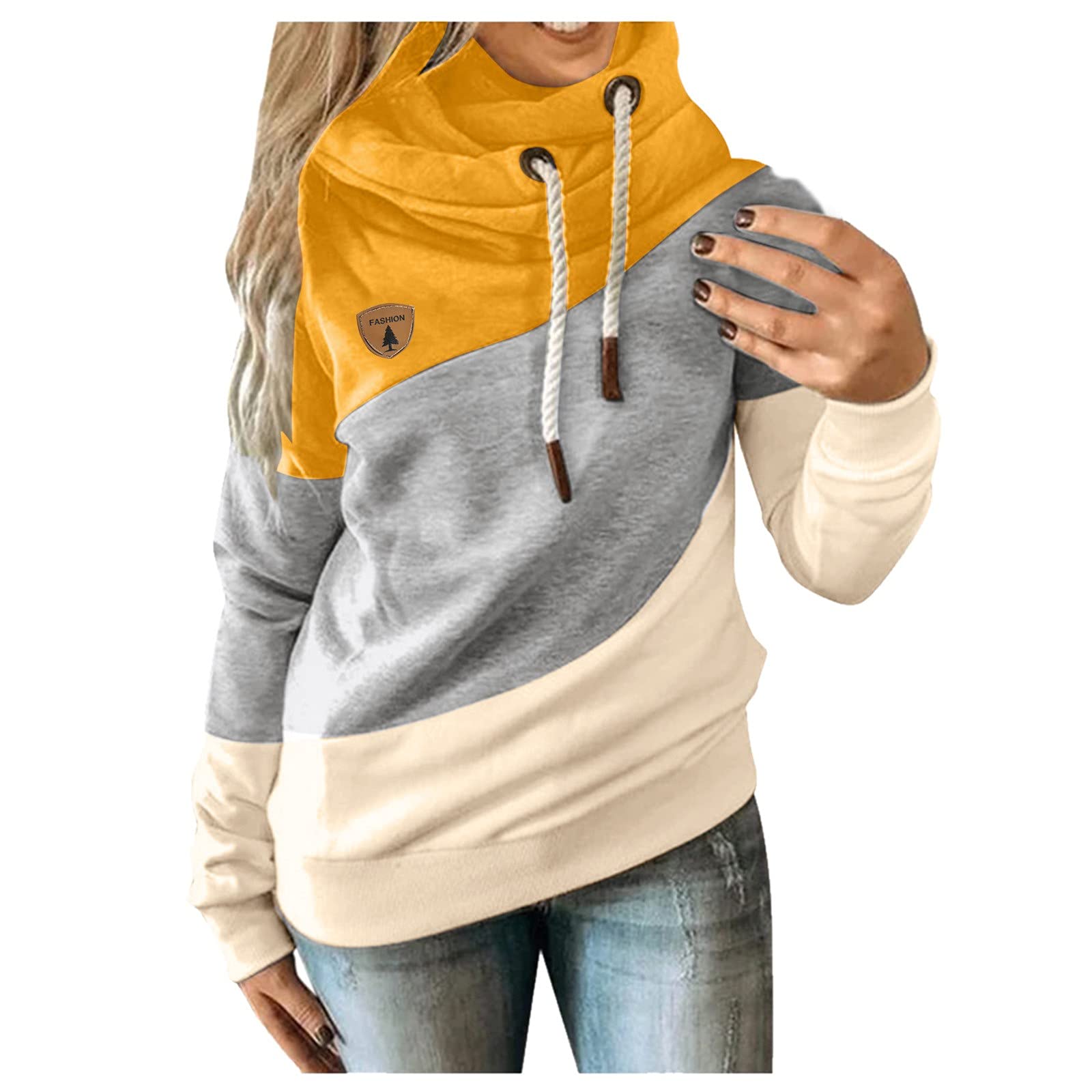 Womens Plus Size Drawstring Hoodies Sweatershirt Long Sleeve Pullover Color Splicing Tops Drawstring Warm Soft