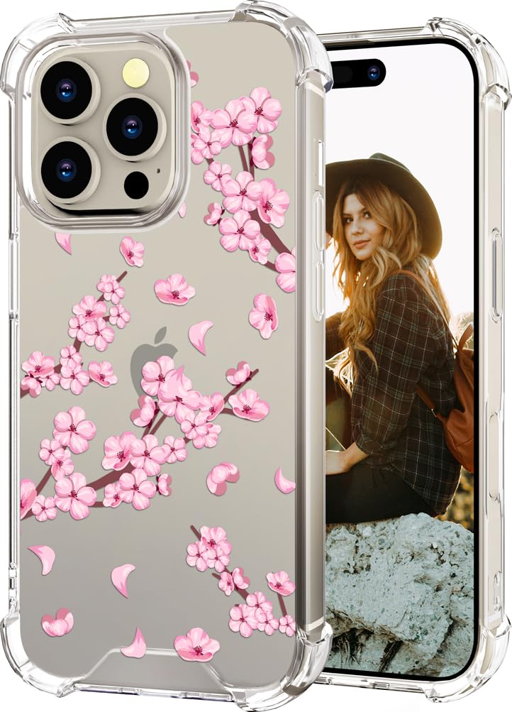 Hungo Compatible for iPhone 16 Pro Max Case, Thin Slim Cute Girly Skin Cases Protector with Airbag Bumper for Women Girls (Clear Cherry Blossom)