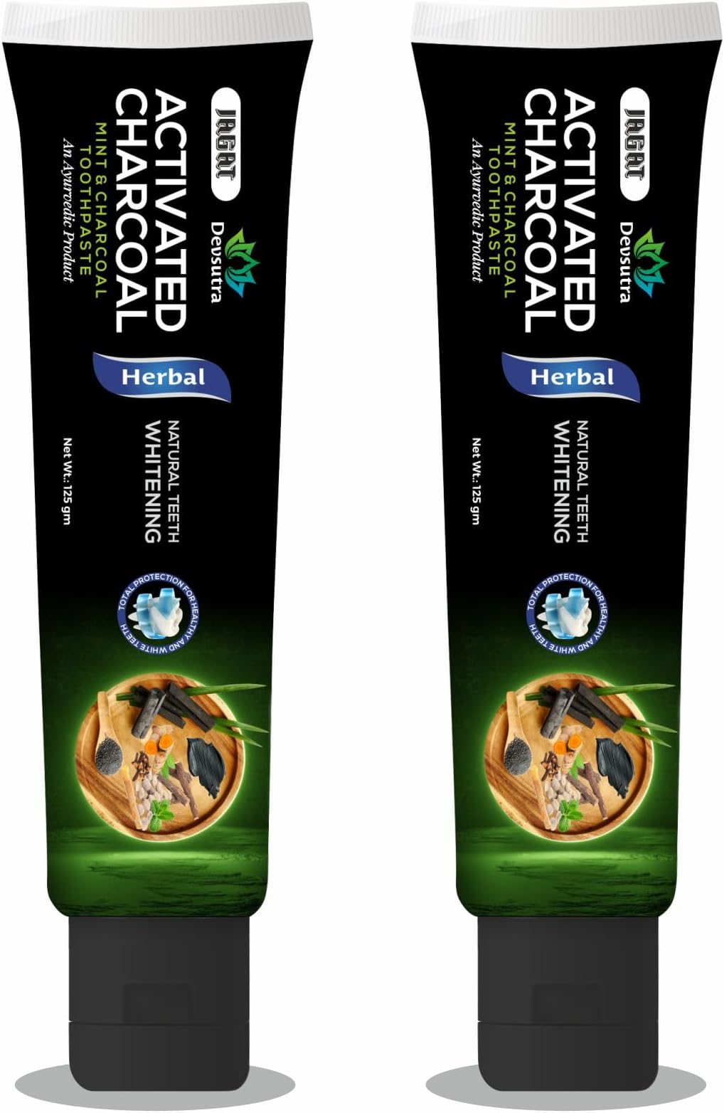 Jagat Devsutra Dr. Trusted Ayurvedic HERBAL Activated Charcoal Toothpaste for Teeth Whitening - 100% Natural Formula with Mint Flavour, No Fluoride & Artificial Colours - Pack of 2 (125g x 2)