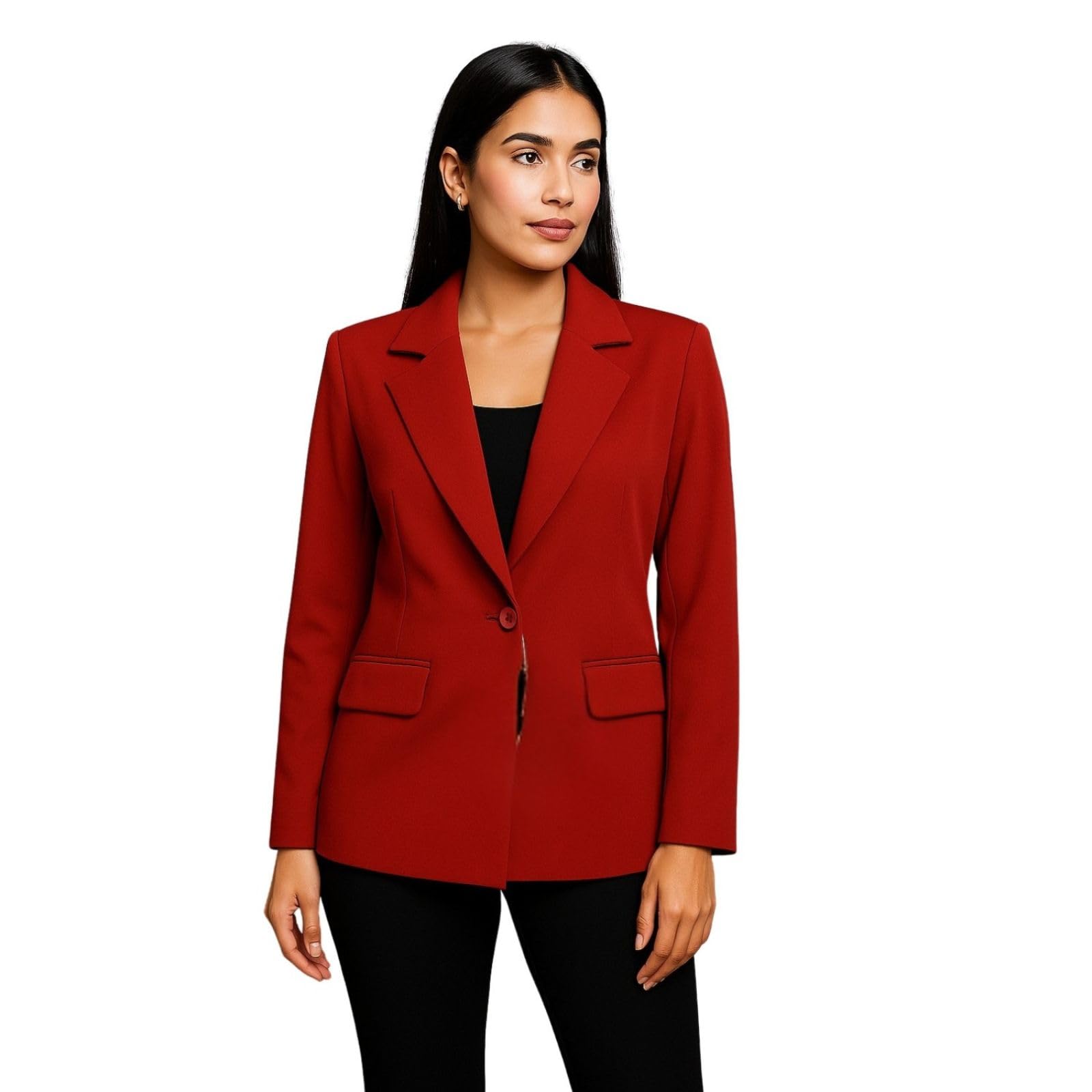 Women's Elegant Single-Breasted with Button Closure Formal Blazer with Dual Flap Pockets & Structured Lapels (Maroon-M)-picture-20