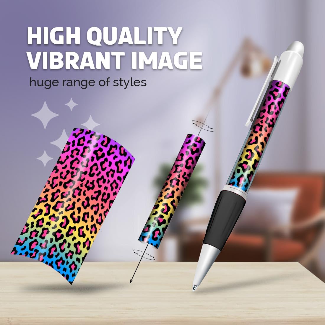 Set of 4 White Ballpoint Pens (Photo Insert) - Rainbow Coloured Leopard Print Pattern - Soft Feel Finger Grip #53341 - Image 2