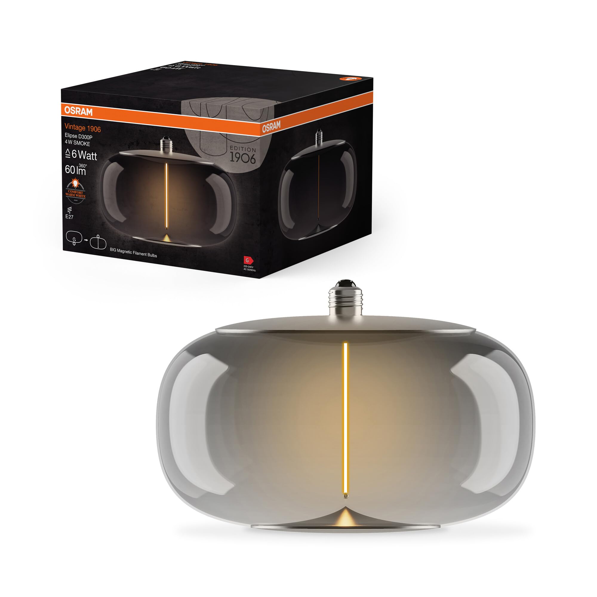 OSRAM Vintage 1906® Big Oval, Decorative LED lamp with Smoke-Colored Glass, with new, Ultra-Slim and Magnetic Filament, E27 Base, 4 watts, Cozy Warm White (1800K), Low Energy Consumption