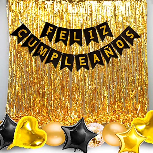 Kreatwow Spaanse verjaardagsdecoratie Zwart goud Feliz Cumpleaños Banner taart Topper Confetti ballonnen - Image 6