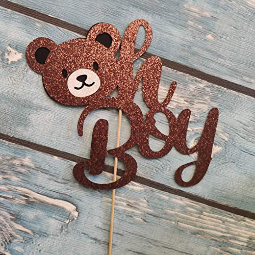 25Pcs Bear Oh Boy Cake Topper Glitter Teddy Bear Oh Boy Party Cupcake Decor Lumberjack Buffalo Plaid Wild Bear Head Themed Boy's Baby Shower Gender Reveal Party Cake Supplies Decorations #TOP6