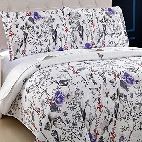 Ycosy Purple Floral Quilt Sets King Size Reversible Countryside Bedspread Coverlets Lightweight Summer Flower Bedding Set Tulip Butterfly Printed Bed Covers With 2 Pillow Shams #TOP1