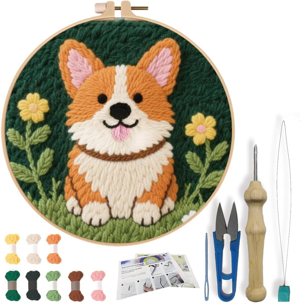 FREEBLOSS DIY Corgi Punch Needle Kit for Beginners Embroidery Punch Needle Starter Craft Set with Instructions Frame Embroidery Kit for Adults Gift Decoration 7.9''/20cm
