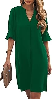 Shift Dress for Women V Neck Short Sleeves Solid Color Casual Flowy Summer Dresses(S-2XL) - Buy now
