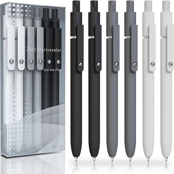 ACEES Gel Pens, 6 Pcs 0.5mm Fine Point Black Ink Pen With Smooth Writing, Office Desk Accessories, School Supplies Gifts for Men Women, Quick Dry Pens Ballpoint For Journaling, Black/Gray/White