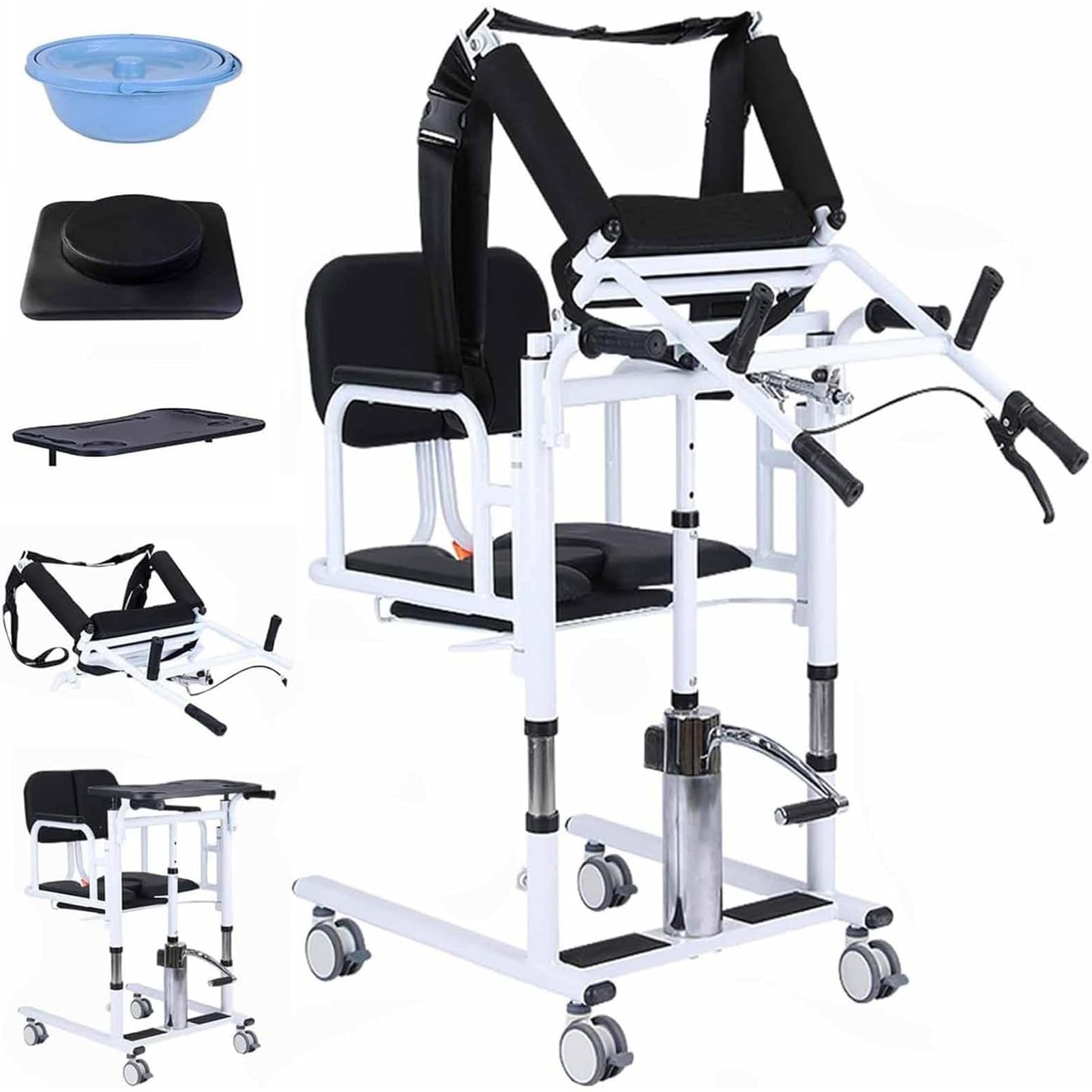 Joyfitness Hydraulic Transfer Chair for Disabled, Patient Lift Transfer Chair with Split Seat, 180° Design, Removable Cushion & Bedpan, Lockable Wheels, Lift Range 41-65cm, Supports 440Lbs