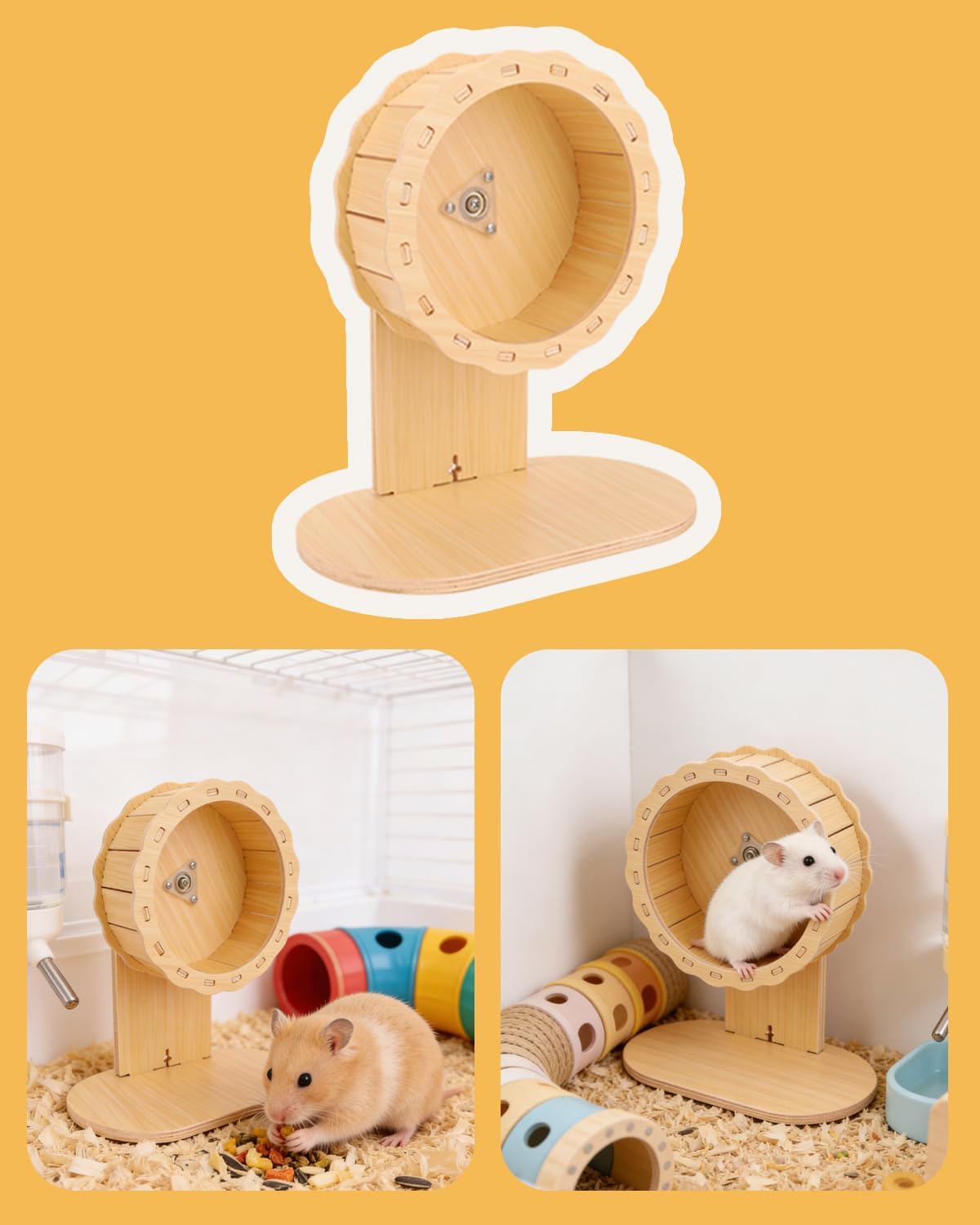 6 PCS Wooden Hamster Cage Accessories Toys Set, Hamster House Hideout, Platform, Silent Wheel, Feeding Box, Swing & Seesaw Toys, Cute Habitat Decor for Syrian Dwarf Hamsters and Gerbil