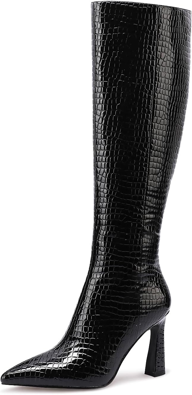 MIRAAZZURRA Women Knee High Boots Chunky High Heel Pointed Toe Boot for Women with Side Zipper