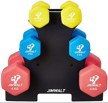 Jimwalt Premium Cast Iron Neoprene Coated Dumbbell Combo with Stand (15 Kg (1.5kg + 2kg + 4kg Set)) - image, photos