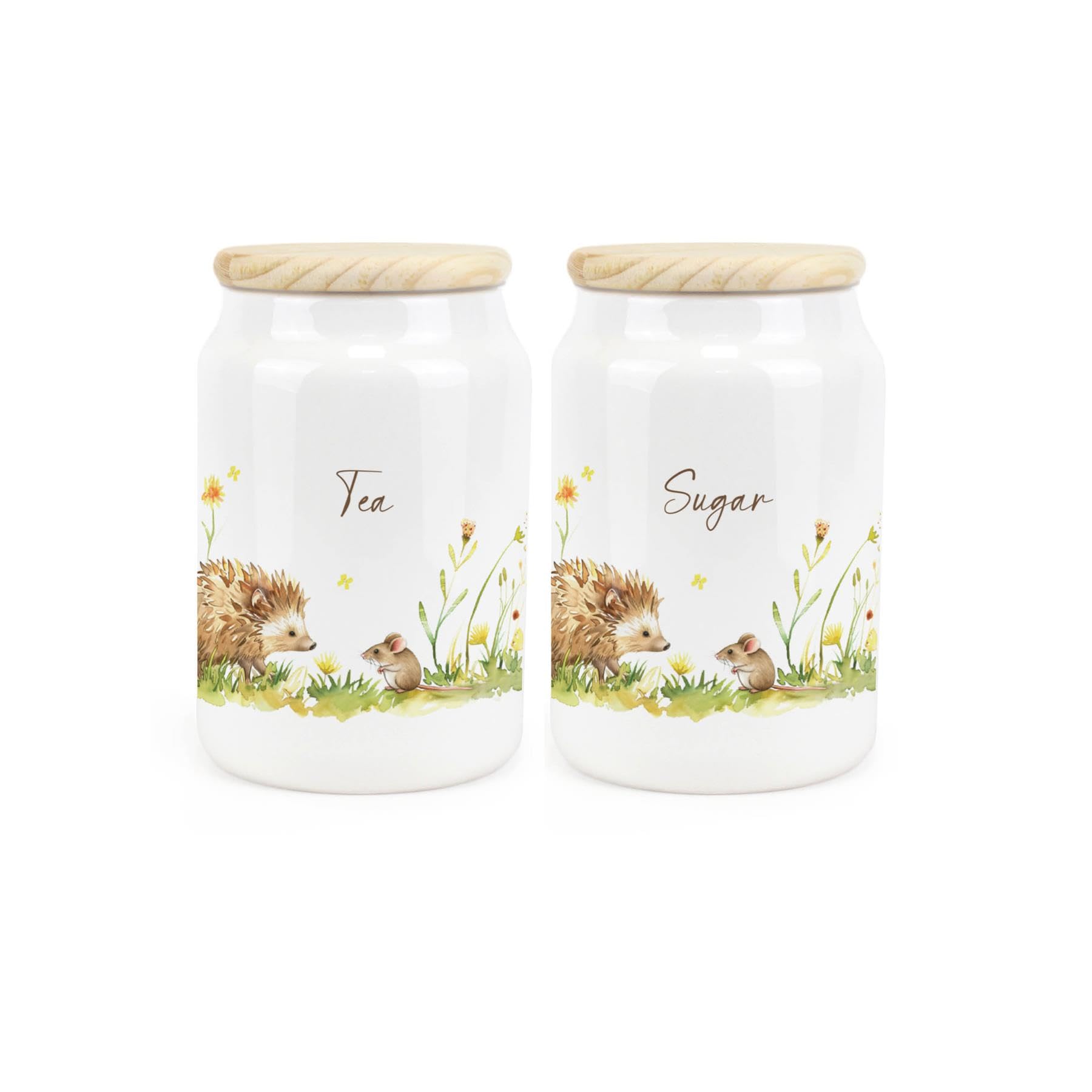 Purely Home Hedgehog & Mouse Ceramic Tea Sugar Storage Canisters - Woodland Wildlife & Scenery Artwork Kitchen Food Storage Container & Wooden Lid 600ml (14.5cm x 9.5cm)