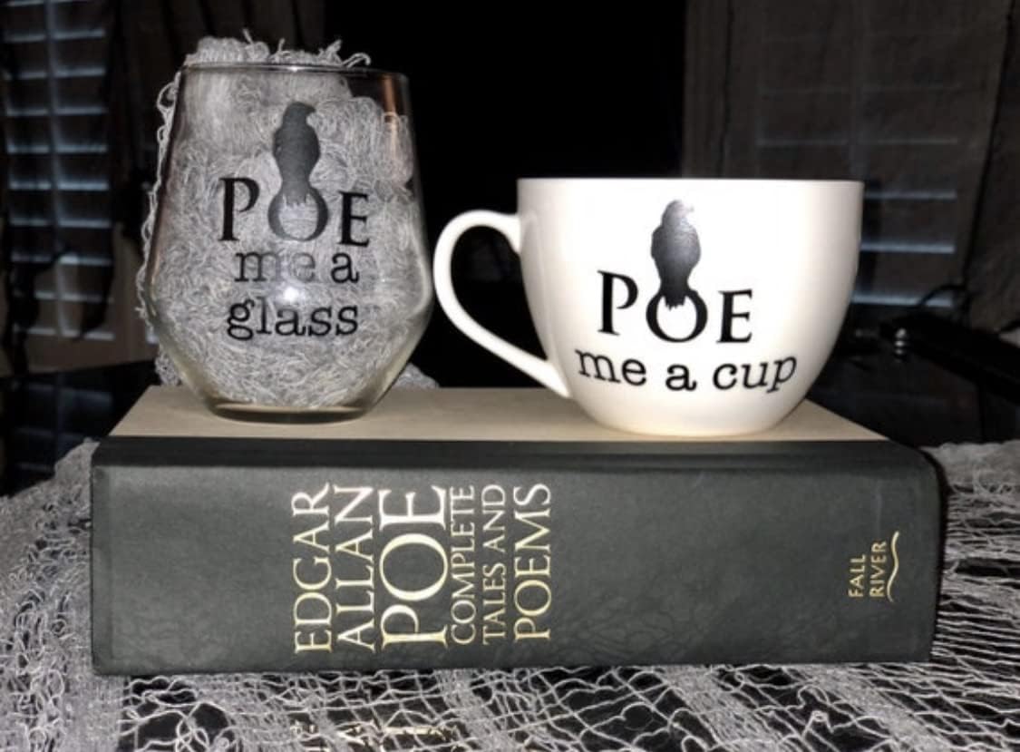 Poe me a cup. Edgar Allan Poe inspired coffee mug. Raven design. Great gift for book lovers! Halloween. (Ceramic mug)