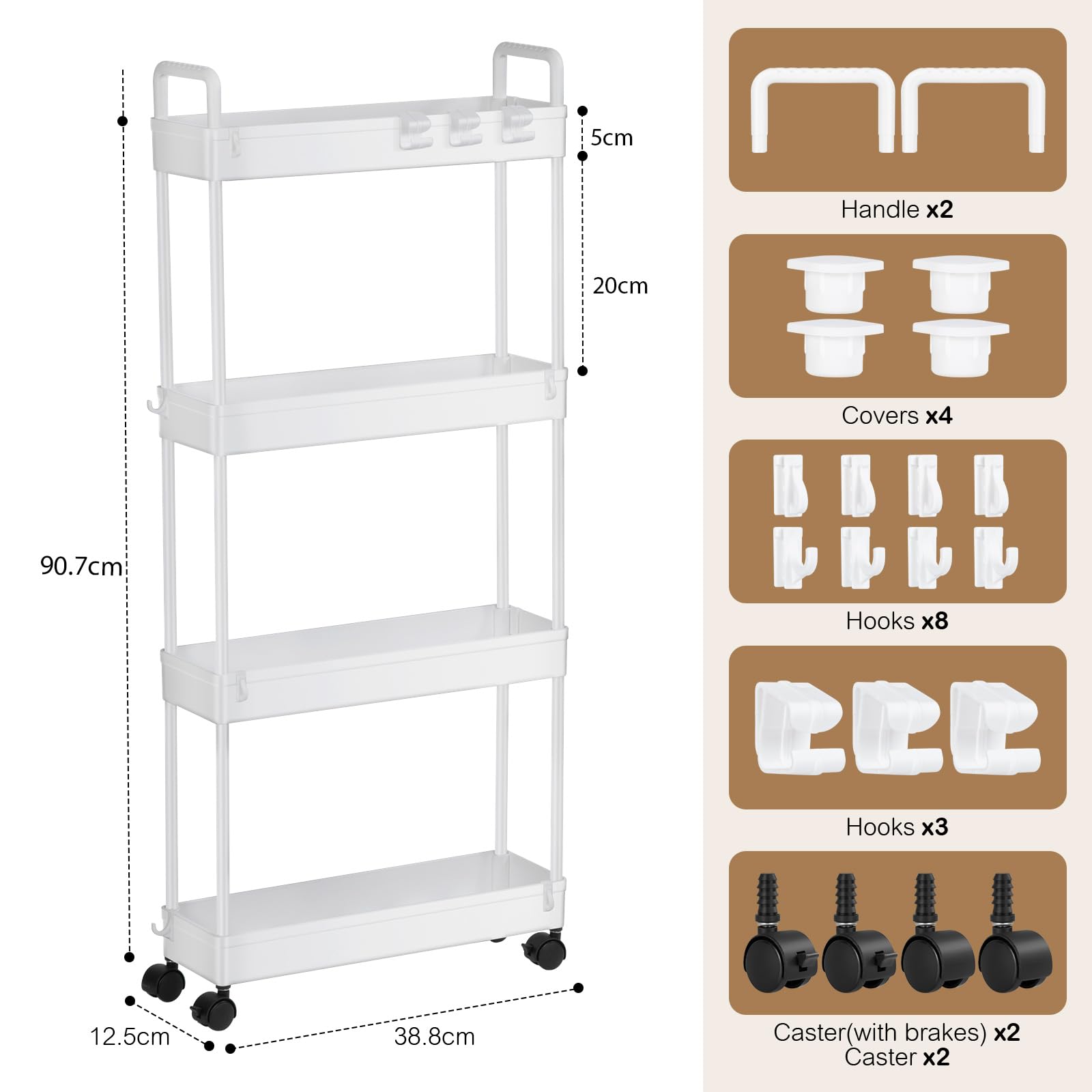 FoiiLiio Carrello Portaoggetti a 4 Livelli,Scaffale da Cucina Mobile,Carrello Bagno Salvaspazio,Carrellino Cucina Salvaspazio a Ruote,Carrello con Ruote per Ufficio,Bagno,Bianco,38.8 x 12.5 x 90.7cm