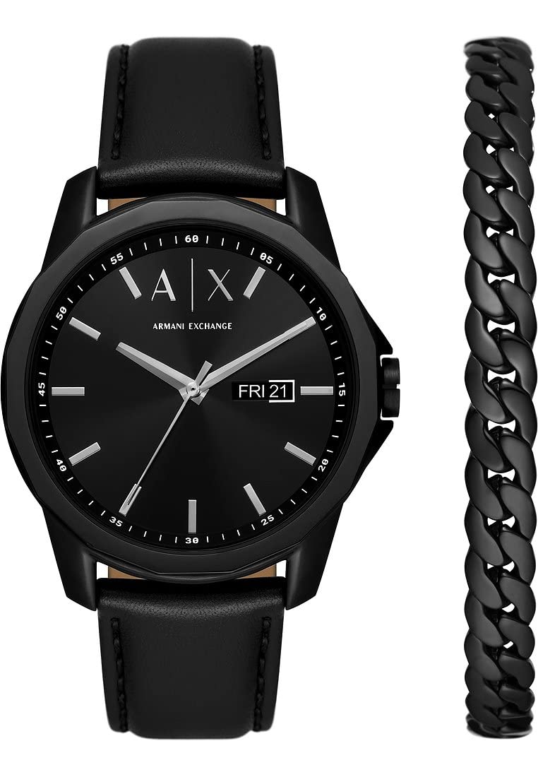 Armani Exchange Herrenuhr, Quarz-Dreizeiger-Datumwerk und 44mm Gehäusegröße mit Edelstahl- oder Lederarmband