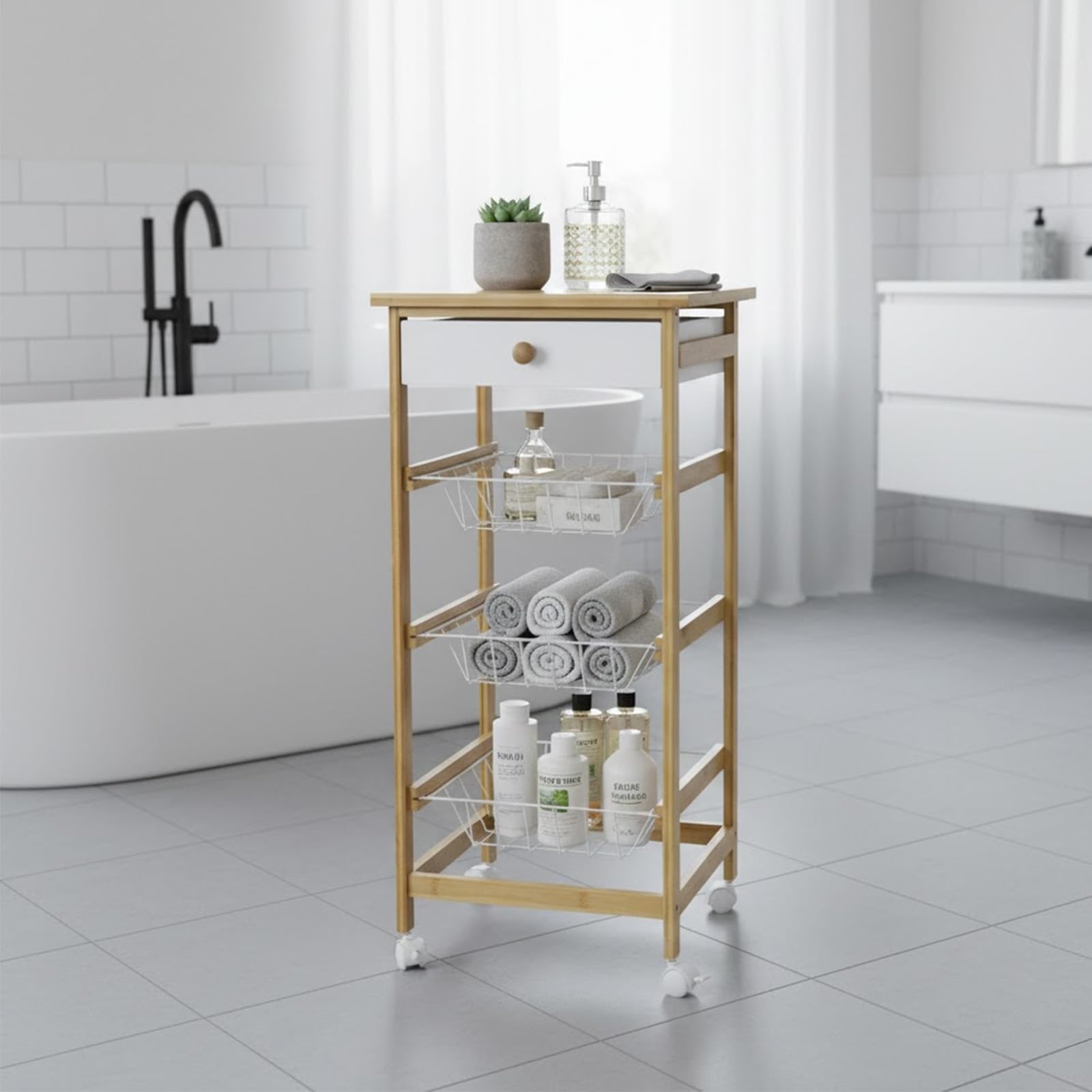 Carrello da cucina ausiliario in legno e bambù 35 x 36 x 74,5 cm con ruote, 1 cassetto in legno + 3 cestini estraibili - colore naturale e bianco