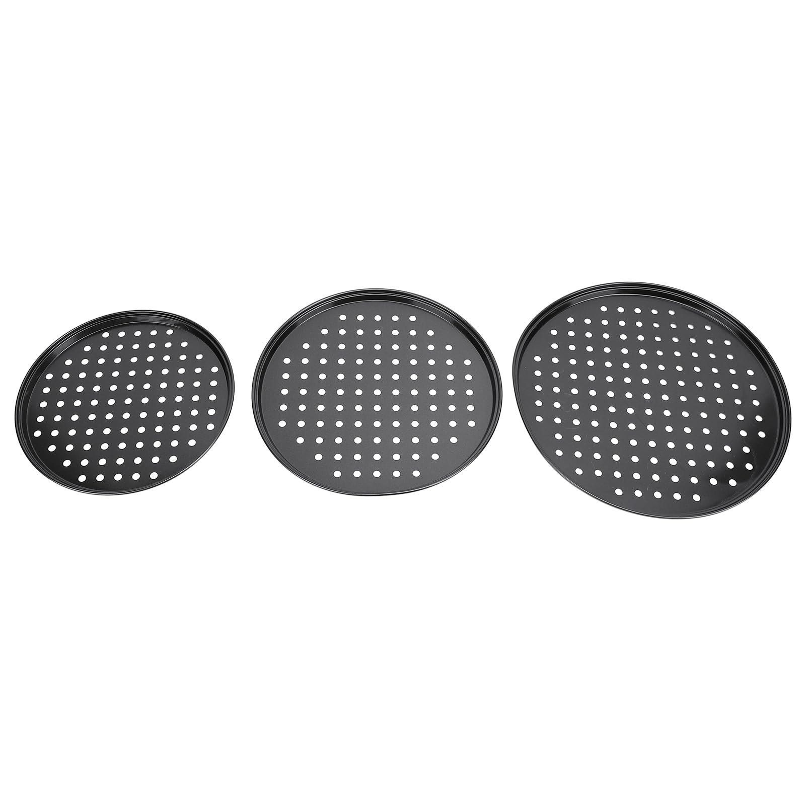 Ensemble de 3 plaques à pizza professionnelles en acier au carbone, antiadhésives et rondes, avec trous pour four. Idéal pour les restaurants et la maison.