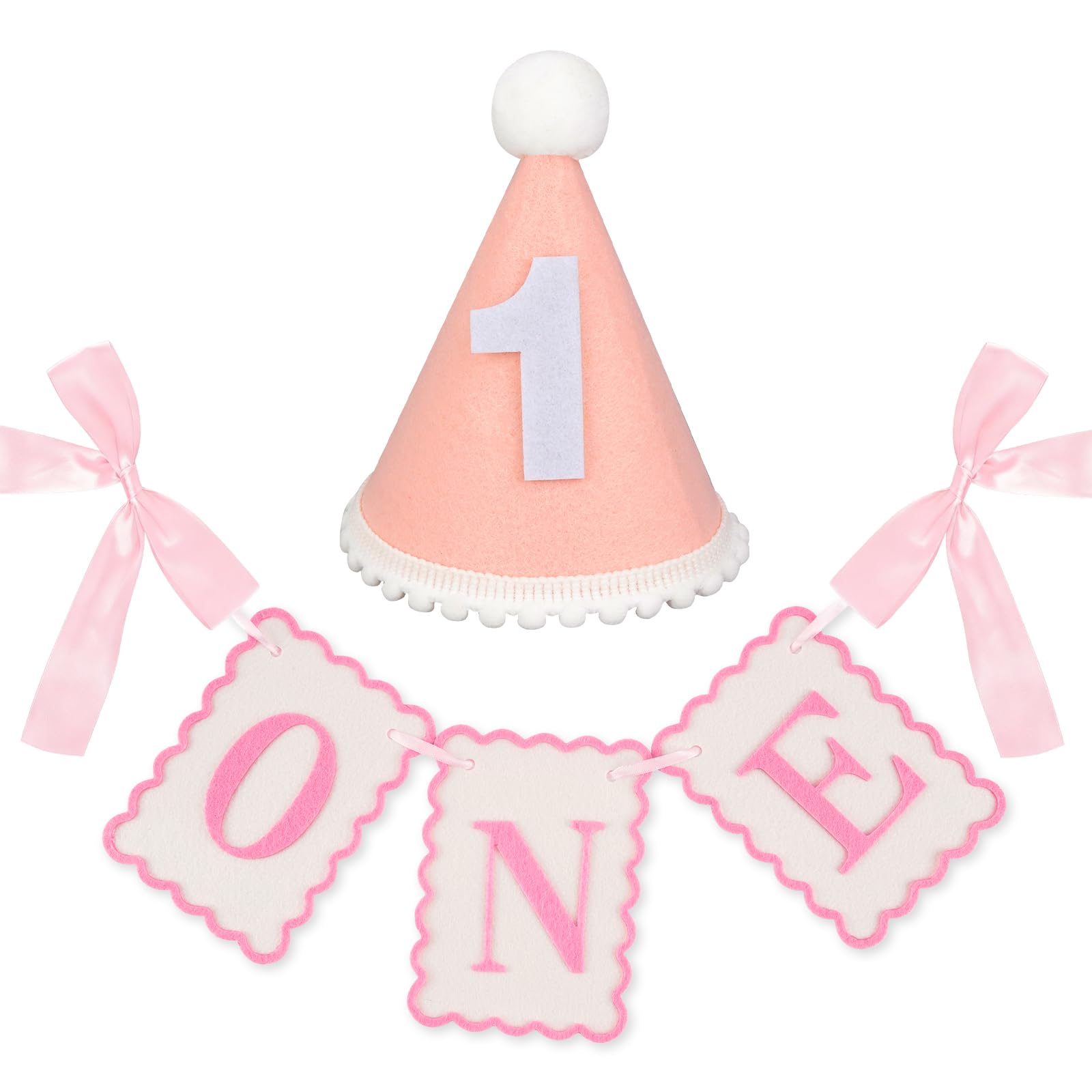 Baby Girl 1st Birthday Decorations,One Highchair Banner & Pom Pom Hat Set