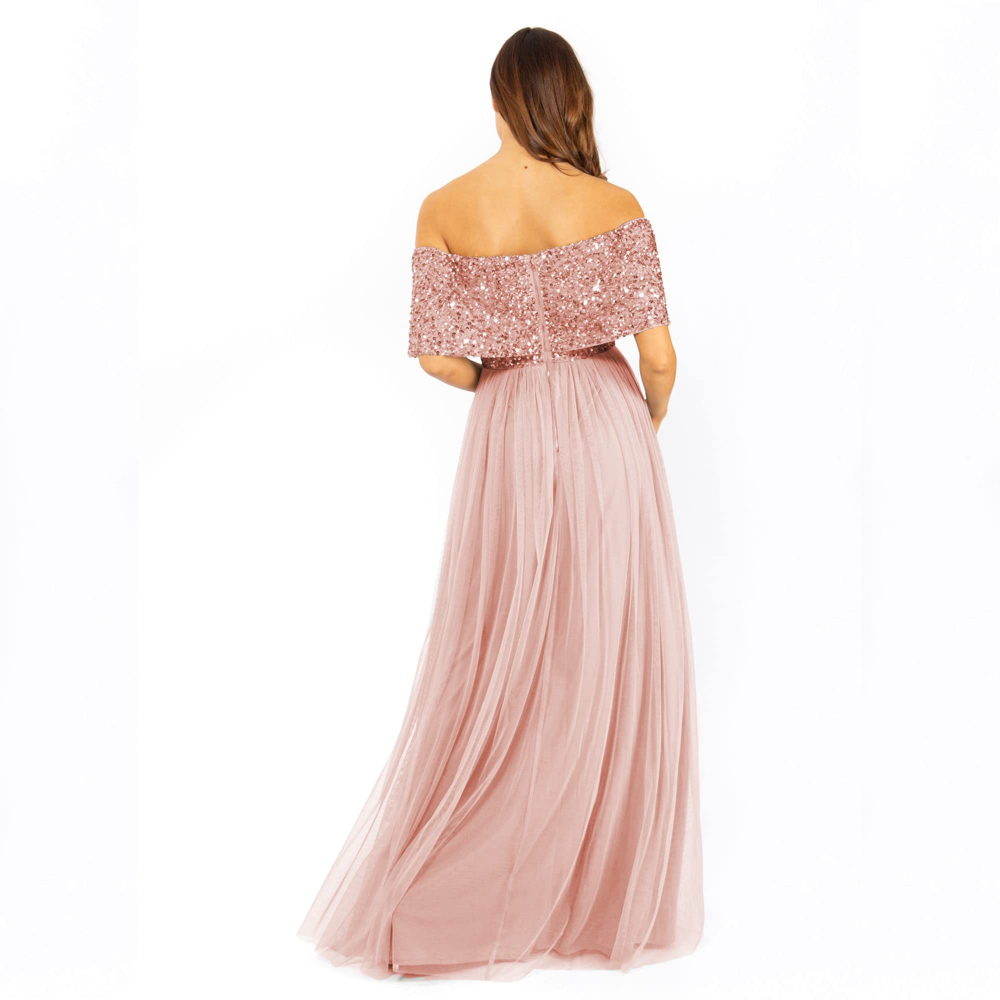 Maya Deluxe Miękka szara sukienka bardot Embellished Maxi dla druhny, kobiety