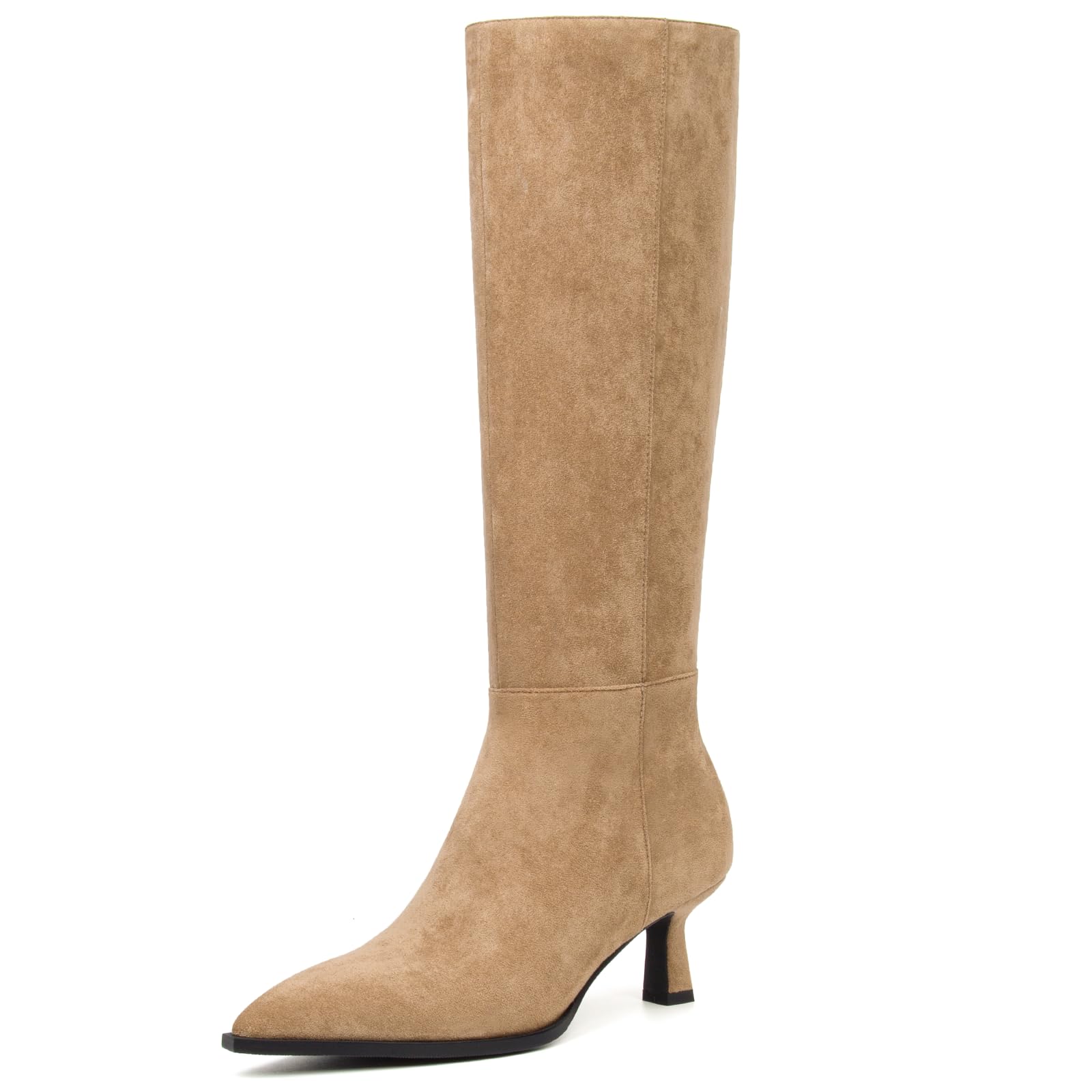 Kitten Heel Knee High Boots Women-Pointed Toe Faux Leather Stiletto Side Zipper Long Tall Dress Boot