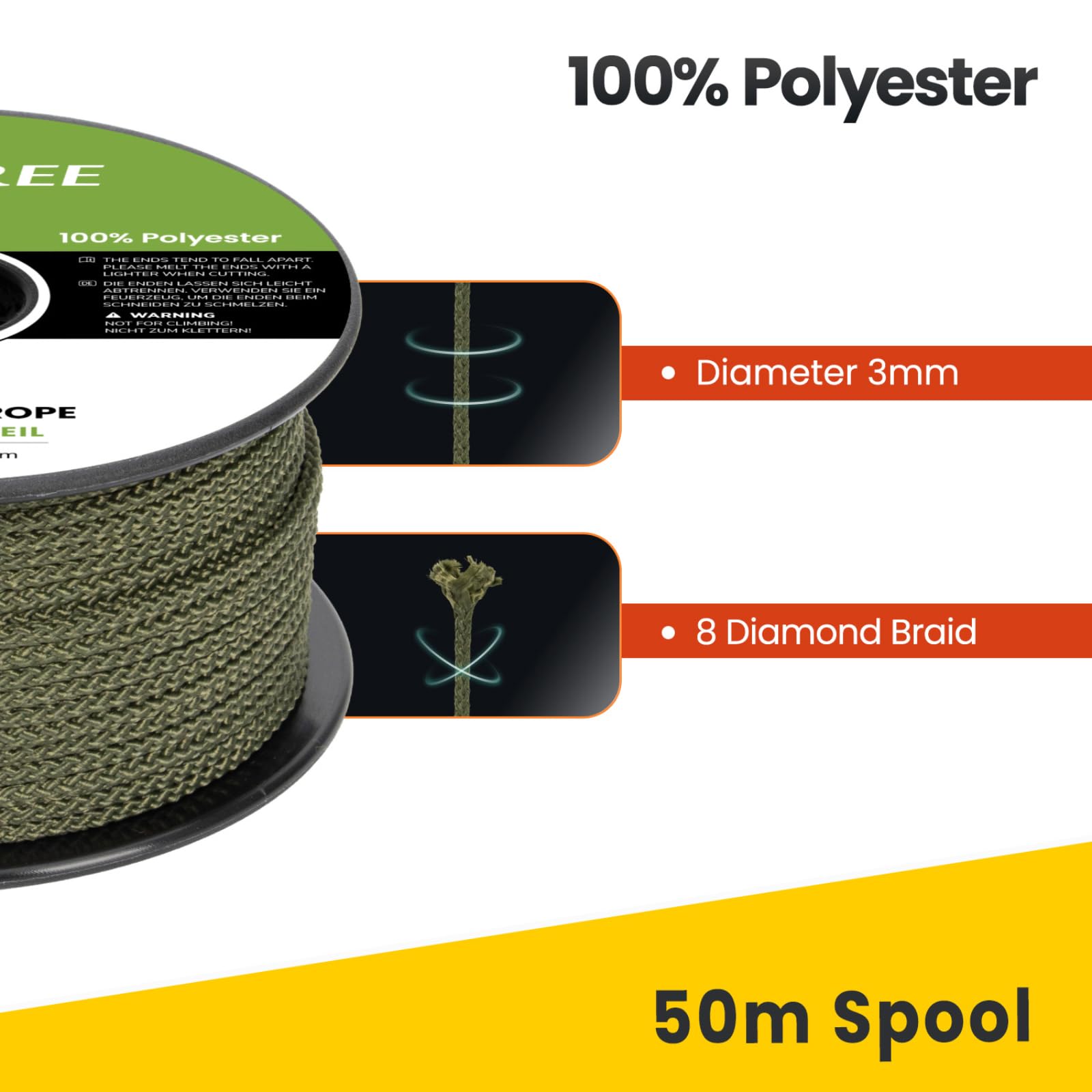 Brotree Polyester Rope 3mm x 50m Army Green - Diamond Braided Rope Cord Low Stretch - 100KG Breaking Load - Image 4