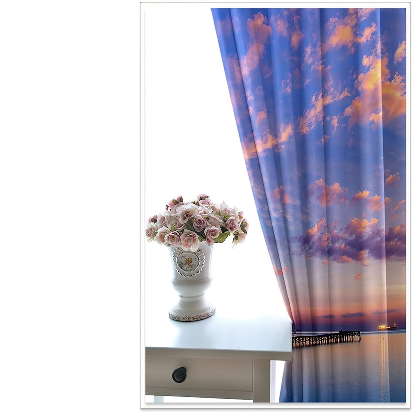 Wycian Küchengardinen Modern Vorhänge Blau Lila 2 Er Polyester Sonnenuntergang Himmel und Meer H214 X B244Cm für Schlafzimmer