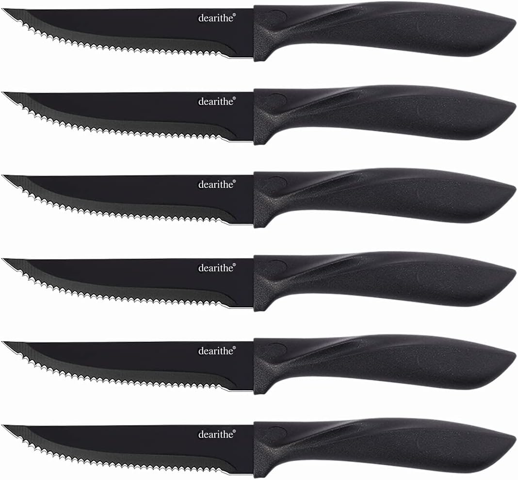 Steak knives set of 6, Black Serrated Stainless Steel Sharp Blade Flatware Steak Knife Set, 4.5 Inches,Non stick coating for Anti-rusting, for Restaurant Tableware Kitchen Camping
