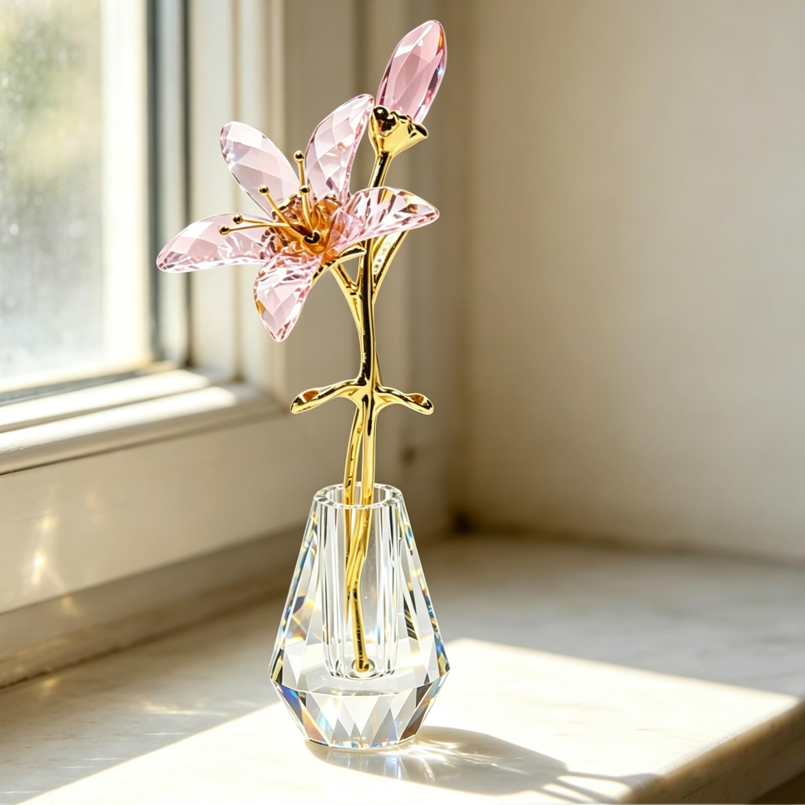 Hoypeyfiy Kristall-Lilienblume Floralfigur Figur Sammlerstücke für Frauen, Glas-Pink-Lilie mit Kristallvase und Metallstiel, ideal für Heim-, Hochzeits- und Partydekoration