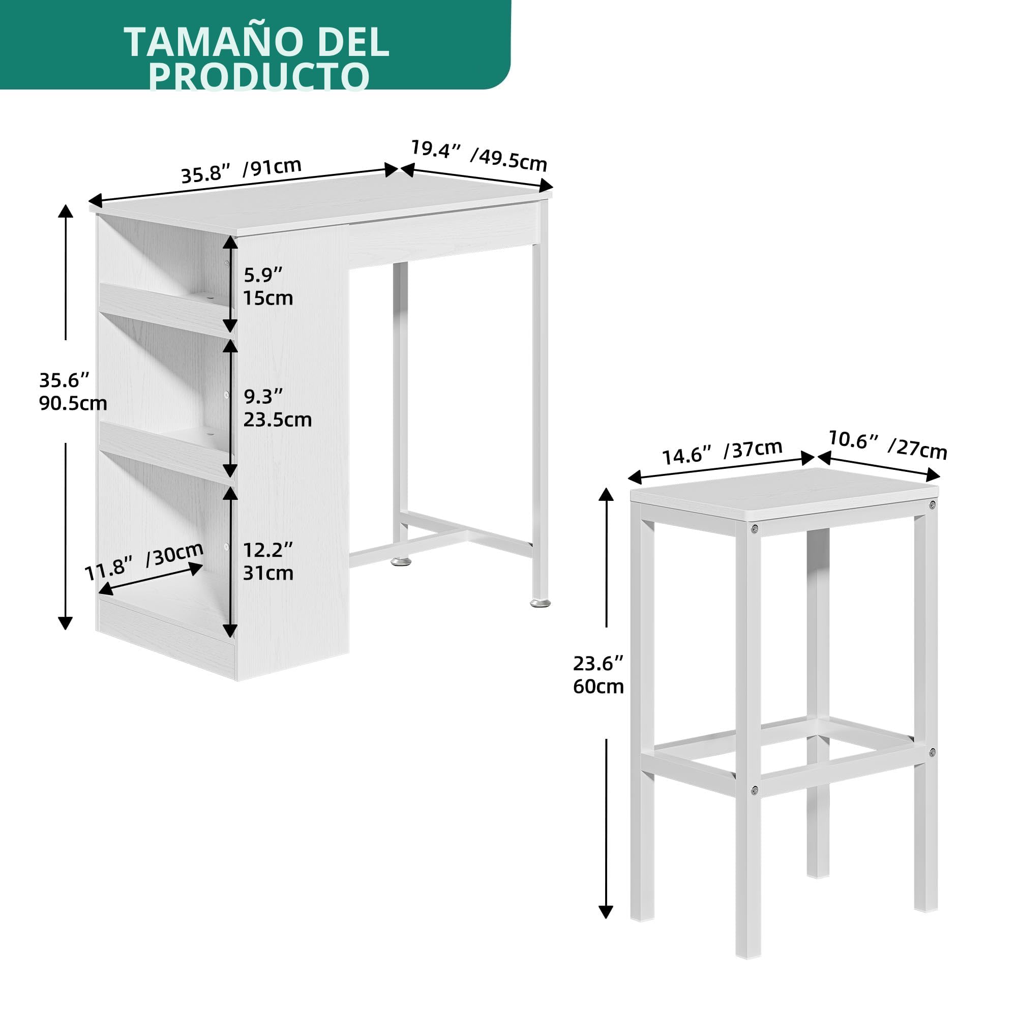 YITAHOME Juego de Mesa de Bar con taburetes de Bar, Mesa de Bar de 3 Piezas, Mesa de Comedor con 2 taburetes, 3 estantes, Taburete de Bar con Marco de Metal, Blanco