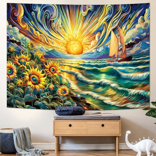 Amonercvita Sunflowers Tapestry Trippy Sun Tapestry Hippie Wave Tapestry Sea Beach Landscape Wall Hanging Magical Clouds Tapestry Sailing Boat Wall Tapestry thumb #3