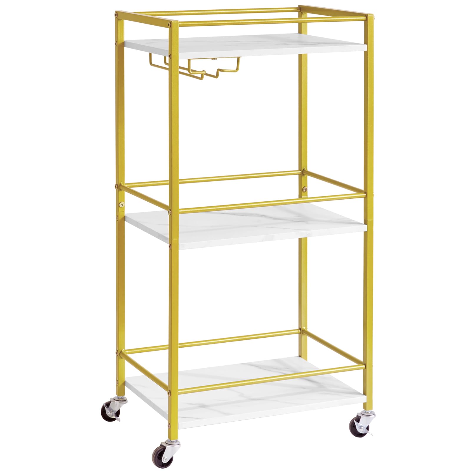 IBUYKE Chariot de Service de Bar à Domicile, Petit Chariot de Bar avec 3 Niveaux, étagère Mobile pour Boissons avec Supports à vin et Porte-Verres, Mini Bar pour extérieur, Blanc TMJ519W