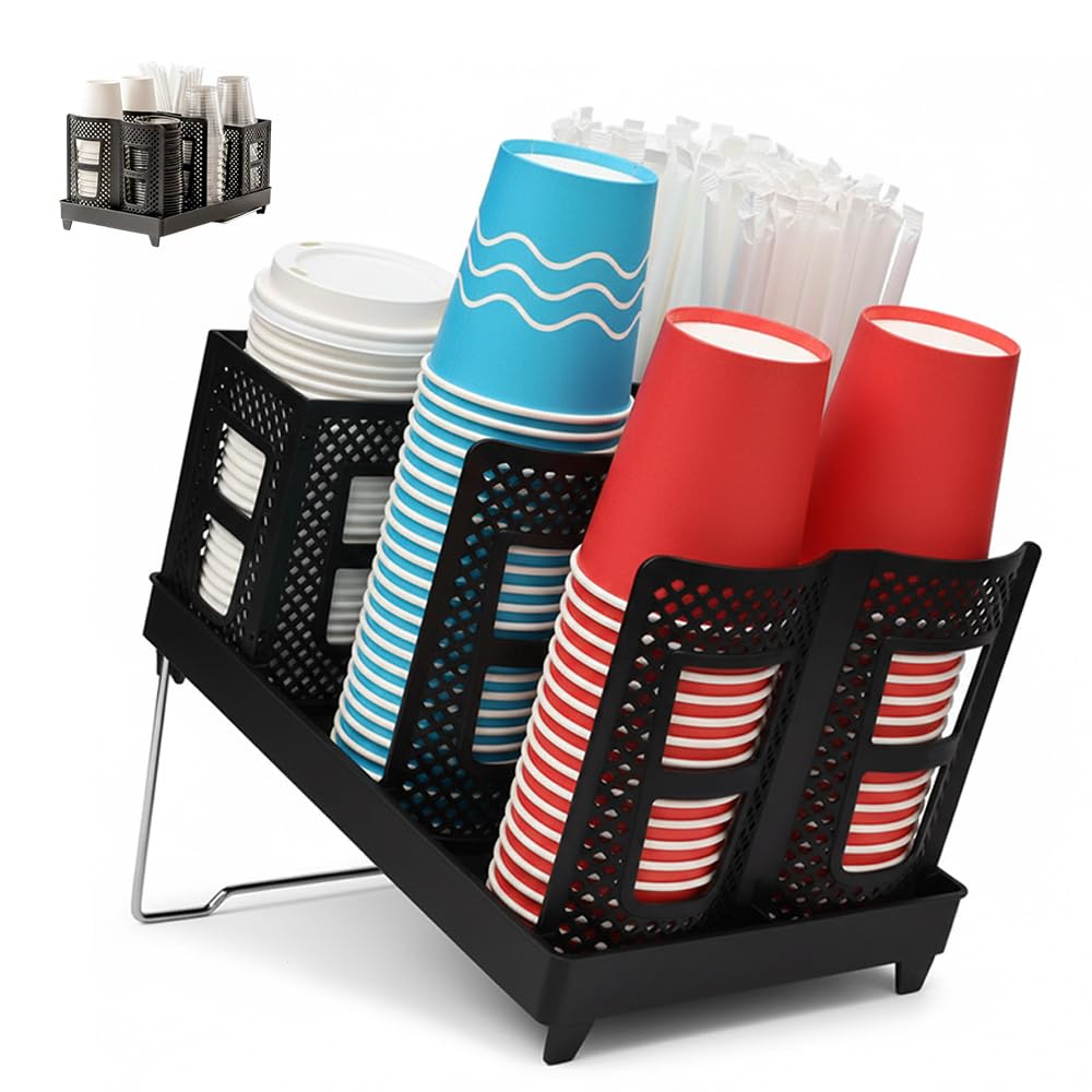 OWATRKDEY 2 Tier Coffee Cup Holder for Counter, Cup Organiser with Straw Holder, Space Saving Cup Dispenser for Coffee Station, Kitchen or Office