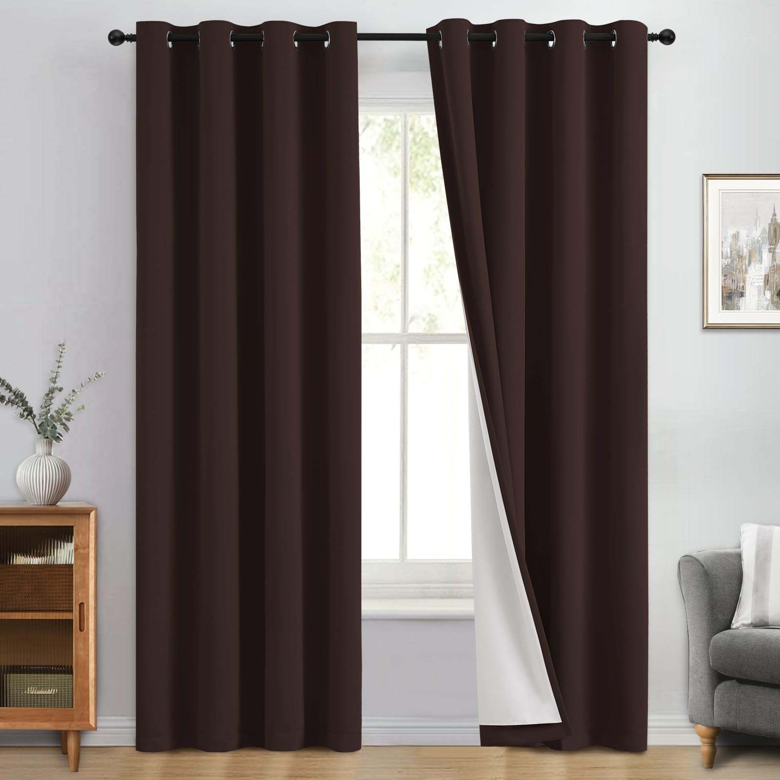 Yakamok Brown 100% Blackout Curtain Panels 84 inches, 50" Wide, 2 Panels — image 1