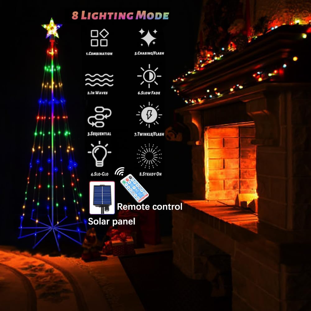 Guirlande lumineuse pour sapin de Noël avec cimier d'arbre, étoile de sommet alimentée par énergie solaire, 8 modes, minuterie, 1,8 m + 1,2 m, lumières LED étanches coniques pour intérieur ou