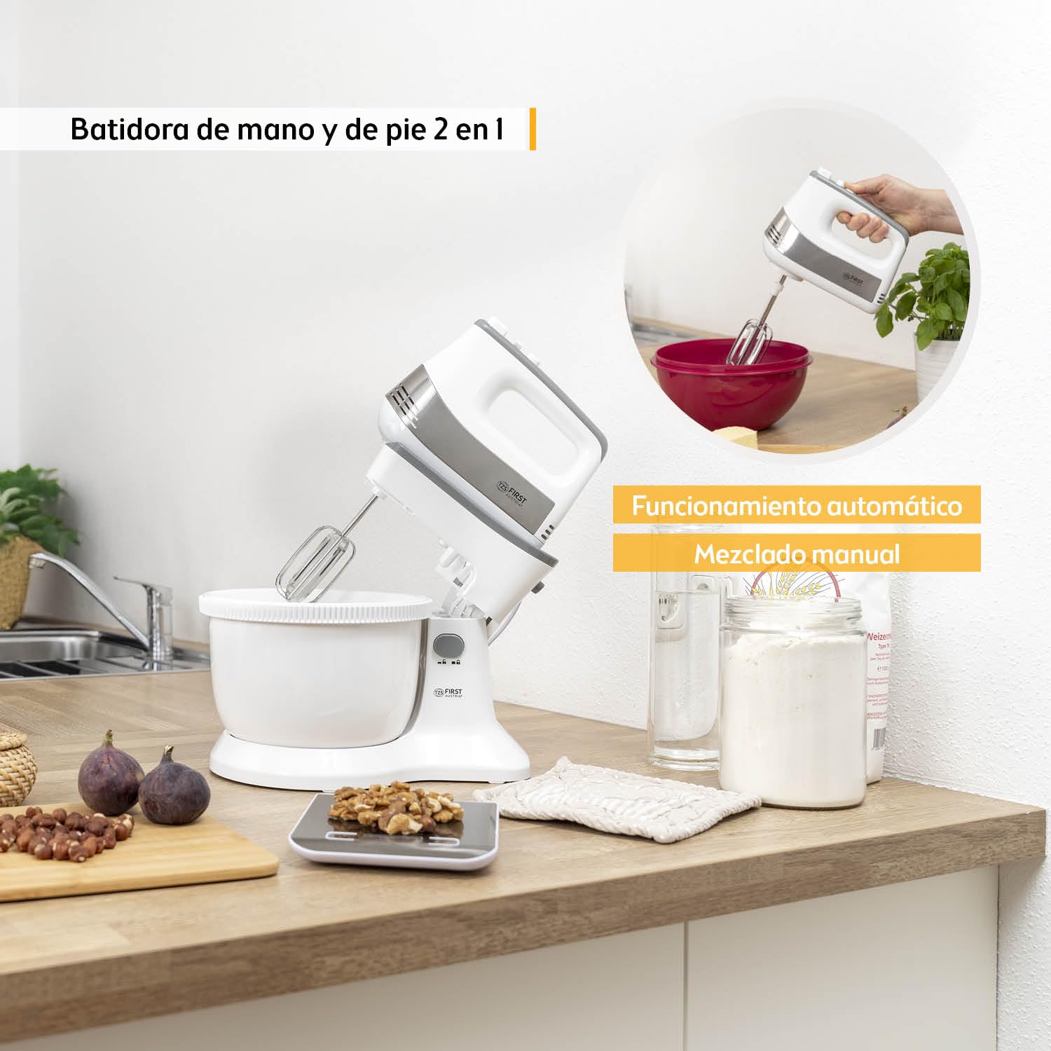 TZS First Austria Batidora de mano y de pedestal 2 en 1 | 3,4 L | Accionamiento automático | 500 W | 5 velocidades | Función turbo | con gancho para masa y varillas