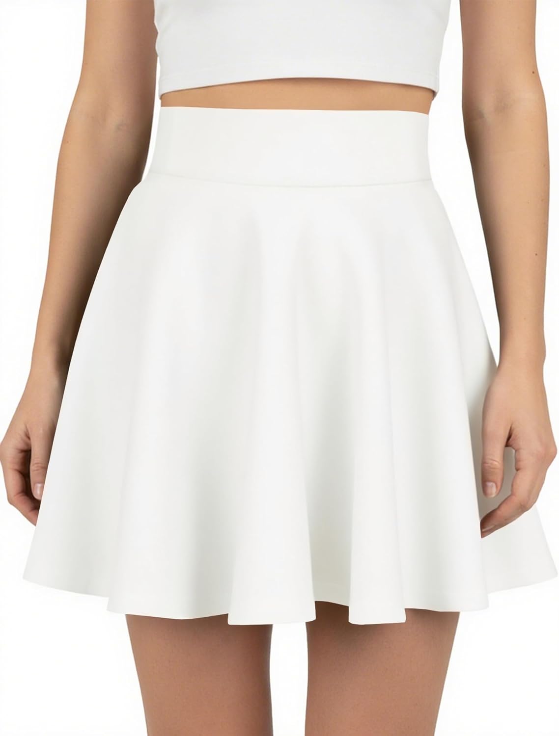 AURUZA Mini Skirts for Women, Casual Mini Stretch Waist Flared Plain Pleated Skater Skirt, Basic Versatile Stretchy Skirt White