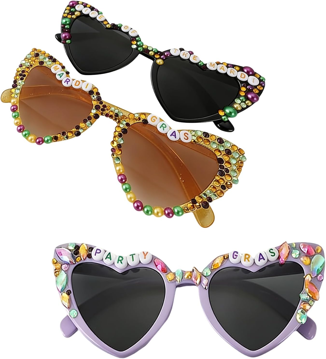 3 PCS Carnival Sunglasses for Women,Purple Yellow Black Beads Heart Sunglasses,Heart Shaped Glasses for Carnival Outfit Accessory Party Decorations,Carnival Party Favors