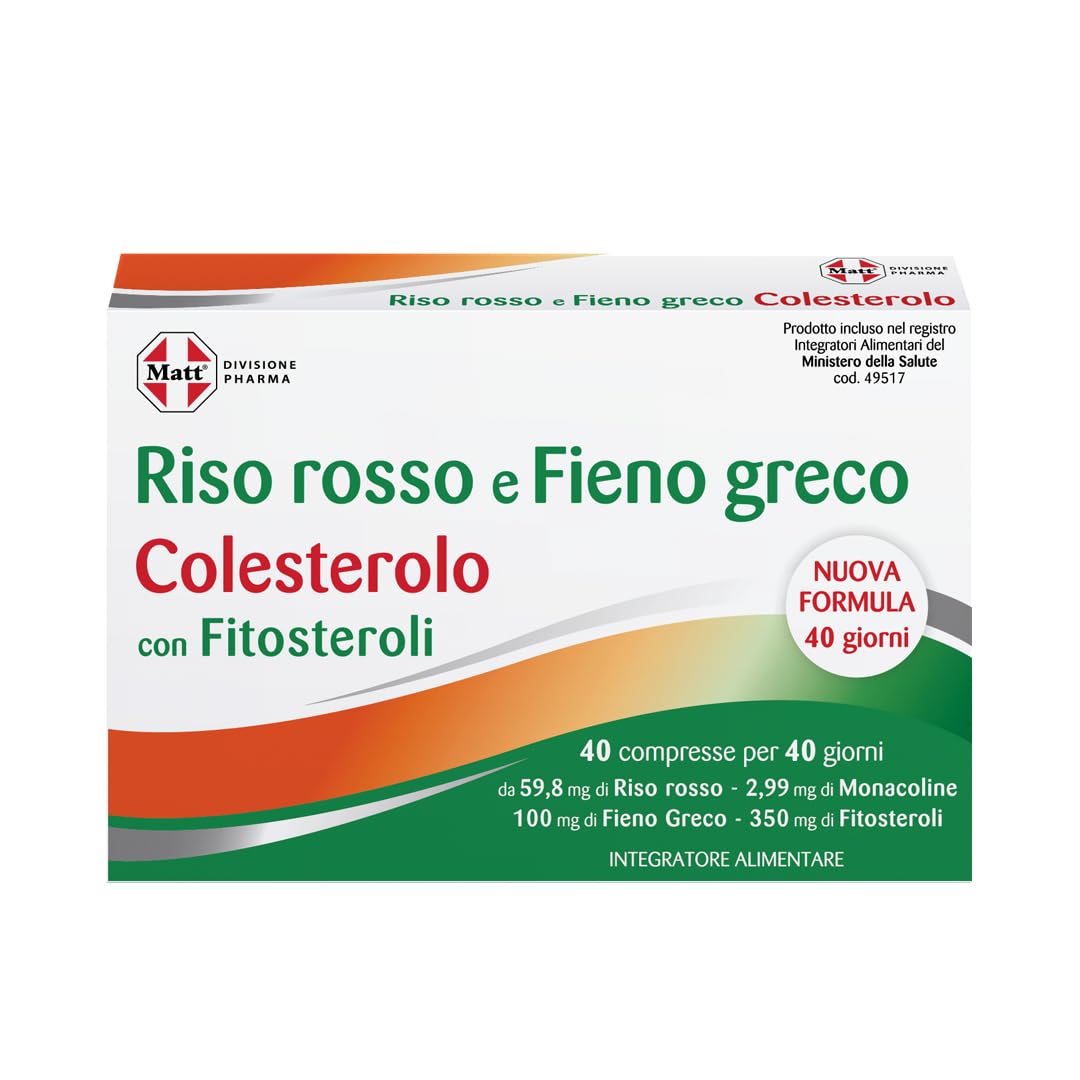 Matt, Riso Rosso e Fieno Greco con Fitosteroli, Integratore Colesterolo, Integratore Alimentare Utile per il Controllo dei Normali Livelli di Colesterolo nel Sangue, Confezione da 40 Compresse
