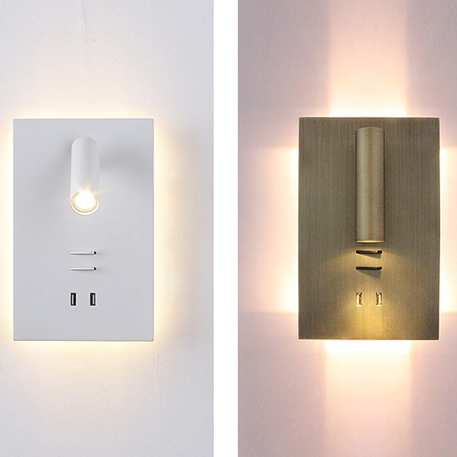 Lampa do czytania z USB, regulowana ściana z przełącznikiem, lampa ścienna z półką, podwójny przełącznik lampy, elastyczny, do sypialni, schodów, salonu, 3000 K, złota (Gold D'oro)
