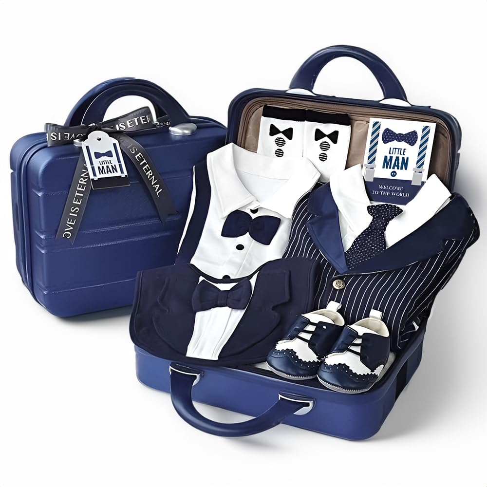 PUMPKINSPUMPKINS Newborn Baby Luxury Giftset for Boys in Premium Suitcase with Jumpsuits-9 in 1