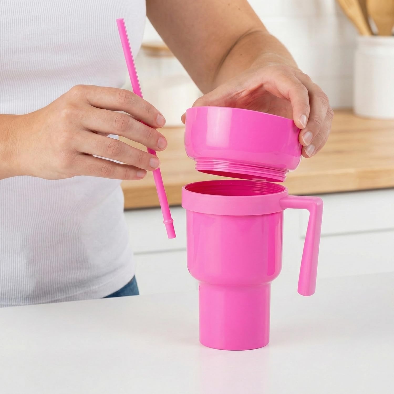 Fun Express 5 3/4" x 9" Snack & Drink 2-in-1 Combo Pink Reusable Tumbler Cups - 3 Pieces