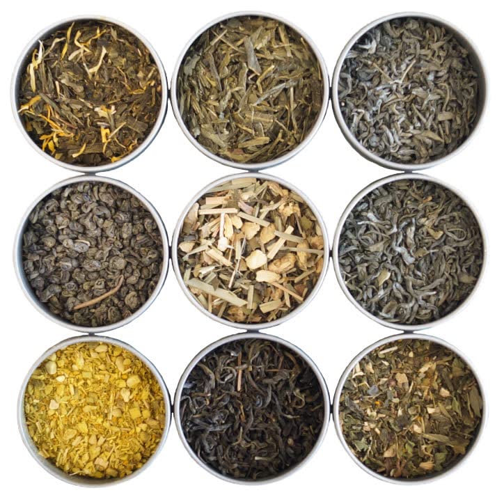 Heavenly Tea Leaves Organic 9 Loose Leaf Green Tea Sampler, 9 Premium Loose Leaf Green Teas - Hot or Iced Tea, Health and Wellness Promoting, Premium Variety Pack, Makes A Great Gift