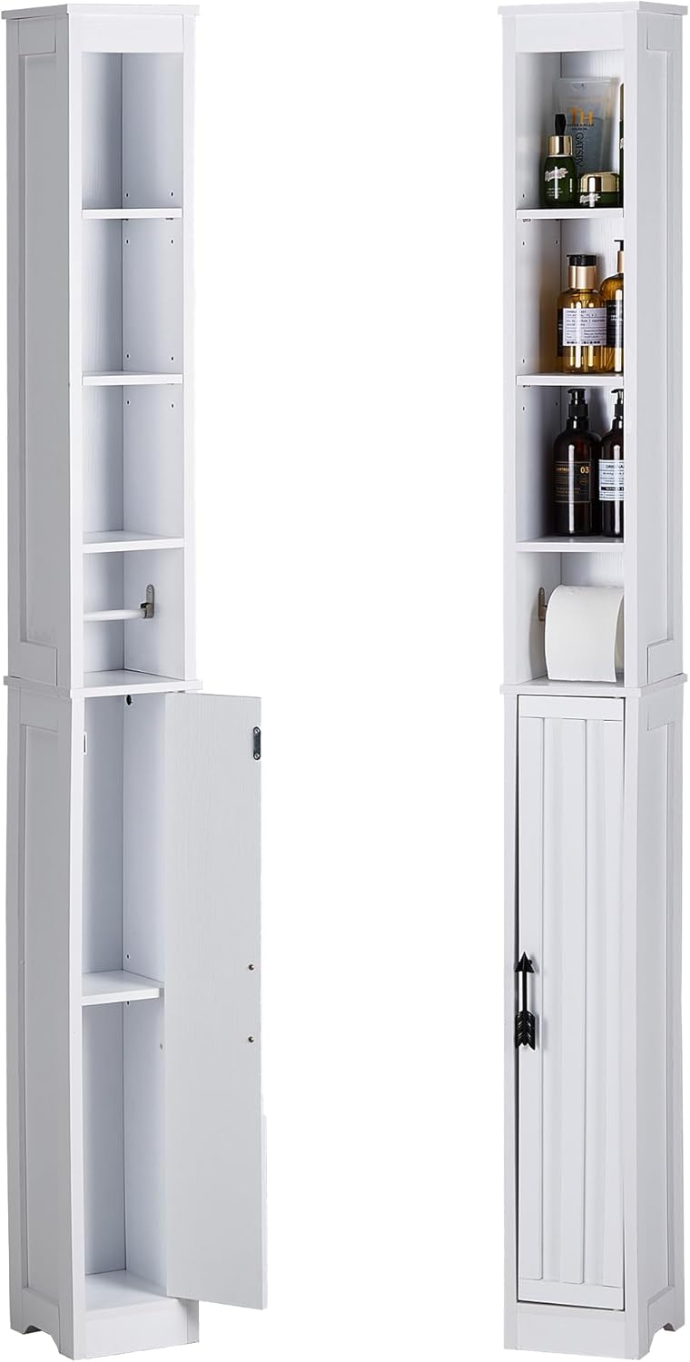 VECELO Storage Cabinet, 71" Tall Narrow Bathroom Cabinet with Adjustable Shelves, Toilet Paper Holder, Magnetic Door, for Small Spaces, Pearl White