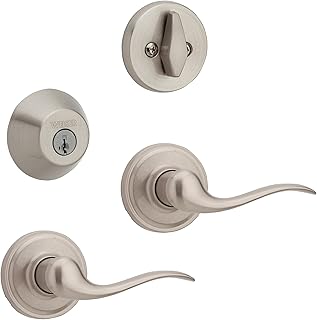 Weiser Toluca Satin Nickel Front Door Handle with Deadbolt, Reversible Exterior/Interior Door Handles with Deadbolt Lock, Front Door Handles with Lock/Front Door Lock, Traditional Home Décor
