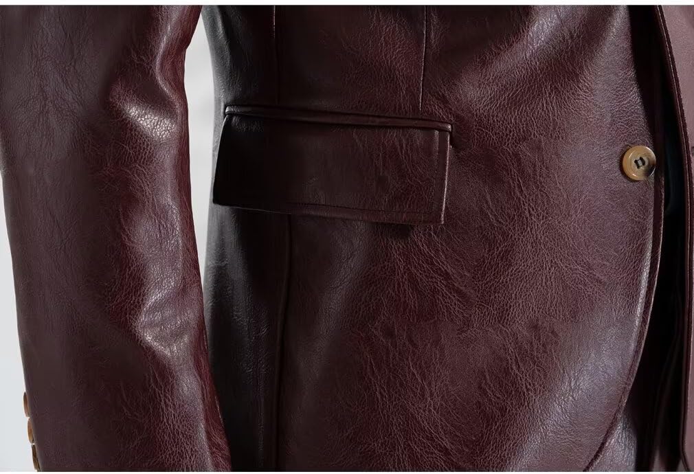 ONAXTDA Men'S Leather Jacket Vintage Blazer Lined Autumn Double Breasted Peak Lapel Coat