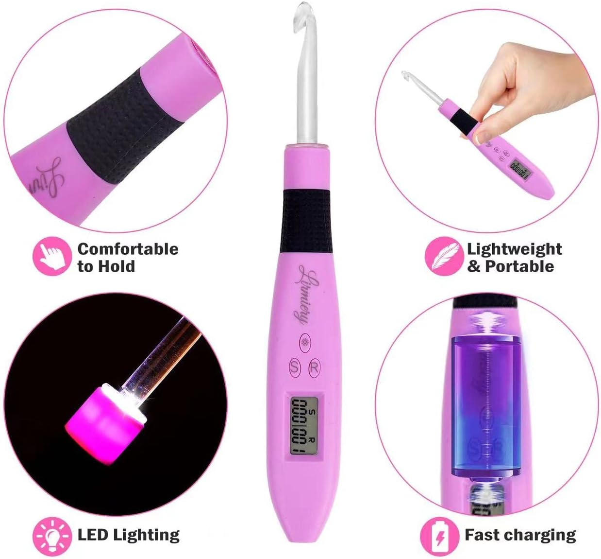 Lirmiery 17 Sizes Counting Crochet Hook Set Digital 2.50~14.0mm,2 Levels Brightness Dimmable Light Up Crochet Hooks for Stitch & Row Counter,Beginner Knitting Kit with 17Interchangeable Crochet Hooks