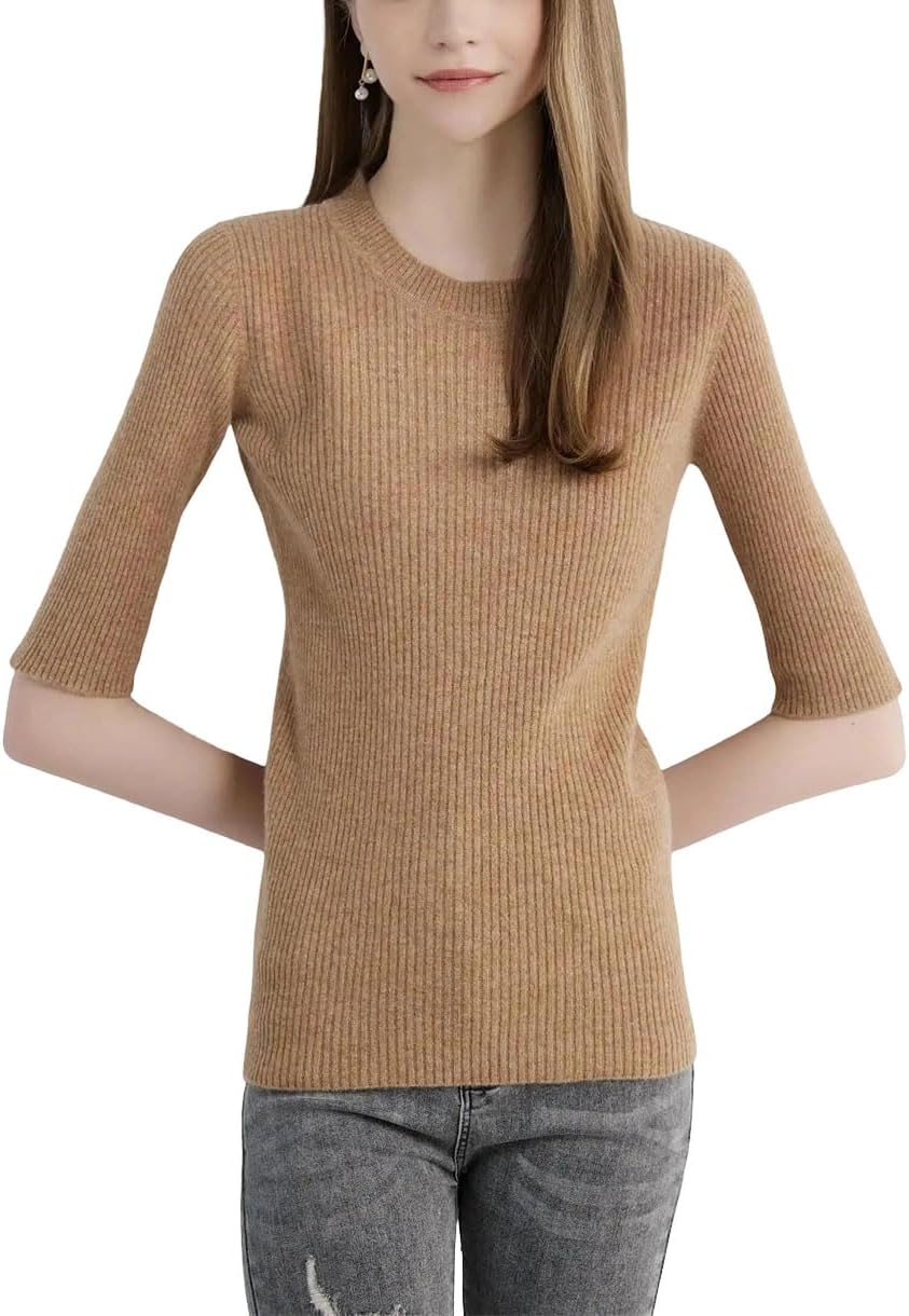 Women's Short Sleeve Crewneck Sweater 100% Wool Pullover Knit Top Casual Jumper for Everyday Wear