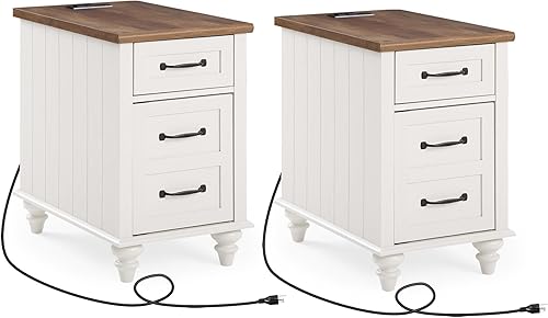 WAMPAT Paquete de 2 mesas auxiliares blancas con estación de carga, mesa auxiliar de madera con cajón y armario de almacenamiento, mesita de noche